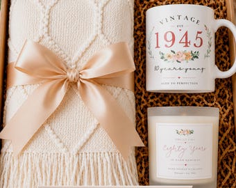Custom 80th Birthday Gift for Women, 80th Birthday Vintage Gift Box, Grandma Birthday Gift, Mom Birthday Gift, Custom Mug and Candle Set