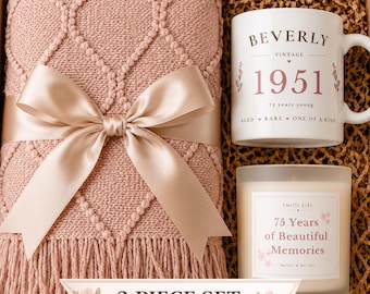 Personalized 75th Birthday Gift for Women, 75th Birthday Gift Box, Gift for Grandma, Custom Mug and Candle Blanket Set