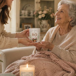May include: A white ceramic mug featuring a floral wreath design, the number 80, and the text Blooming at 80. Below, a glass candle jar displays a label with the text A Garden of Memories surrounded by botanical illustrations and a lit wick.