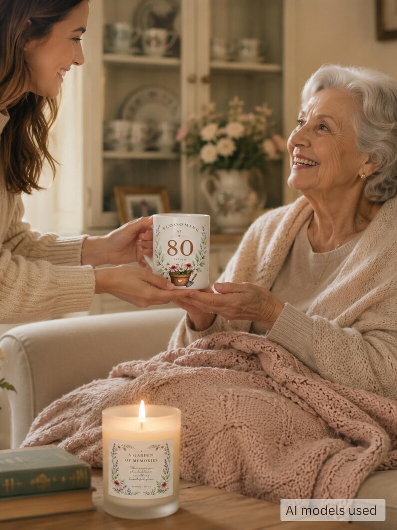 May include: A white ceramic mug featuring a floral wreath design, the number 80, and the text Blooming at 80. Below, a glass candle jar displays a label with the text A Garden of Memories surrounded by botanical illustrations and a lit wick.