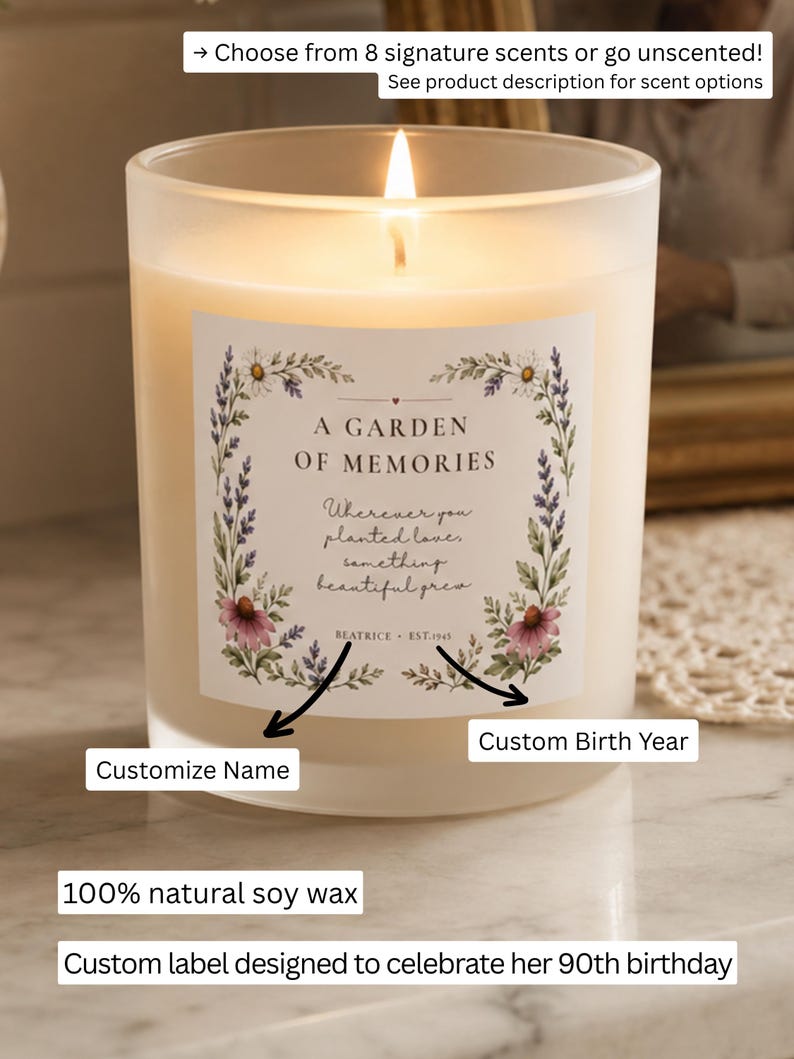 May include: A frosted glass candle with a lit wick and 100% natural soy wax. The label features floral illustrations, the text A GARDEN OF MEMORIES, Wherever you planted love, something beautiful grew, BEATRICE, and EST. 1945, with customization options.