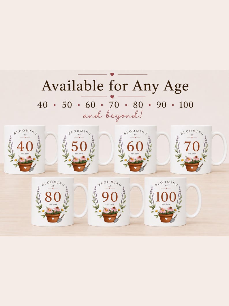 May include: Seven white ceramic mugs featuring a floral design with a terracotta pot, a small shovel, and the text "Blooming at" followed by the ages 40, 50, 60, 70, 80, 90, and 100. The text "Available for Any Age" appears at the top of the image.