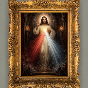 May include: A framed religious artwork depicting a figure with long hair and a white robe, radiating light. The figure's hands are raised, with red and blue rays emanating from the chest. The ornate gold frame adds a classic touch.