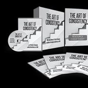 Pode incluir: Uma coleção de livros, folhetos e um CD brancos e cinzentos, todos intitulados "The Art of Consistency". As capas apresentam um gráfico de escada. Alguns itens incluem o texto "Resource Cheat Sheet" e "Checklist".