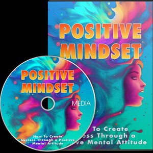 Puede incluir: Un CD y una portada de libro con las palabras "POSITIVE MINDSET" en naranja. El CD y la portada del libro presentan el perfil de una mujer con cabello colorido y un fondo vibrante. El CD también tiene el texto "MEDIA" y "How To Create Success Through a Positive Mental Attitude."