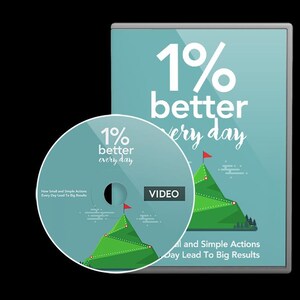 Könnte beinhalten: Eine DVD-Hülle und -Disc mit dem Text "1% better every day" in Weiß und Blaugrün. Die Disc und die Hülle zeigen eine Berg-Grafik mit roten Fahnen. Auf der DVD-Hülle steht das Wort "VIDEO".