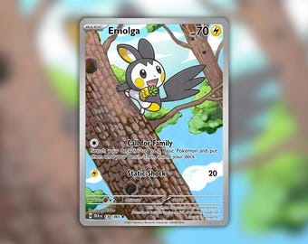 May include: A rectangular trading card featuring the character Emolga, a black, white, and yellow creature holding a yellow berry while perched on a brown tree trunk. The card displays the text Emolga, 70 HP, Call for Family, and Static Shock.