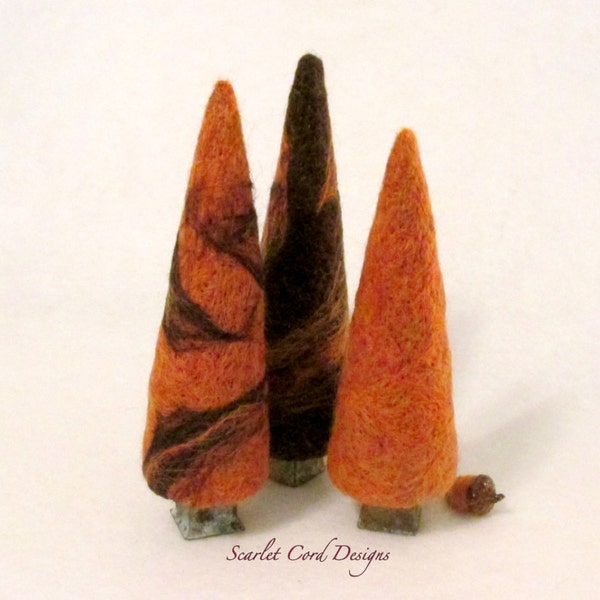 Fall Trees, Fall Decoration, Needle Felted Trees, Cone Shaped Trees, Thanksgiving Decor, Fall Centerpiece, Brown and Orange, Set of Three