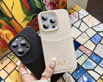 Custom Initial iPhone Case Leather Card Holder Luxury Cover