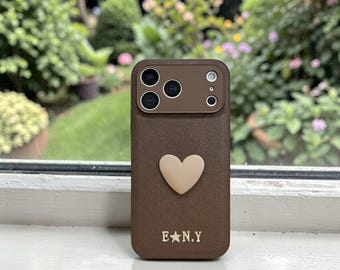 Custom Name Foil Engraved iPhone Case, Faux Leather Heart Cover