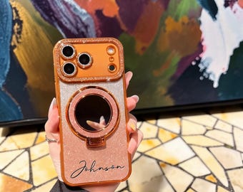 Custom Name Glitter iPhone 13-17 Case Rhinestone Mirror Stand Cover