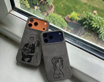 Custom Photo Line Engraved iPhone 13-17 Case Magnetic Card Holder Cover