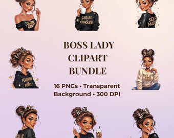 May include: A digital art bundle featuring illustrations of women with various hairstyles and outfits. The images include text such as "Glow Grit", "Create Conquer", "Self Made", "Feminine Fierce", "Believe & Build", and "Limitless". The bundle includes 16 PNGs with a transparent background.