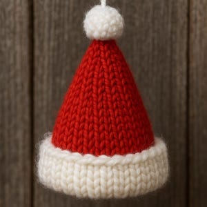 May include: A small, knitted Santa hat ornament. The hat is primarily red with a white brim and a white pom-pom at the top. The ornament hangs from a white string, perfect for holiday decor.
