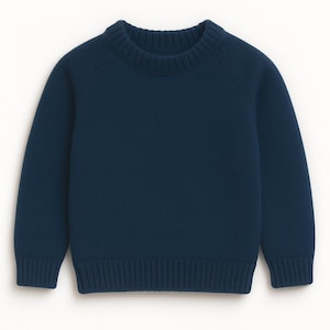 May include: A navy blue sweater with a crew neck and long sleeves. The cuffs and hem are ribbed. The sweater is made of a soft, knitted material.