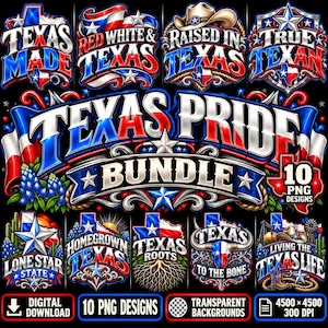 Könnte beinhalten: Eine digitale Grafiksammlung mit zehn Texas-Motiven in den Farben Rot, Weiß und Blau. Der zentrale Text lautet Texas Pride Bundle, umgeben von Illustrationen mit Sternen, Cowboyhüten, Longhorns und blauen Lupinenblüten.