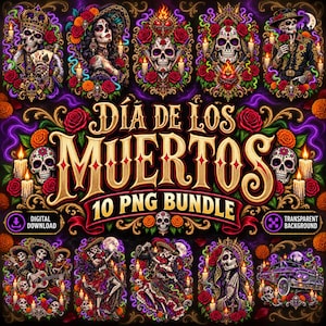 Op de afbeelding: Een digitaal grafisch pakket met tien illustraties van skeletten, schedels en bloemmotieven met de tekst "DÍA DE LOS MUERTOS 10 PNG BUNDLE". Het artwork bevat levendige rode rozen, oranje goudsbloemen, kaarsen en paarse rookaccenten.