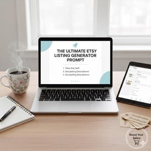 May include: A laptop displays "THE ULTIMATE ETSY LISTING GENERATOR PROMPT" with bullet points. A coffee cup with floral design, a notepad, and a pen sit to the left. A tablet and tags that say "Handmade SEO-Ready" are to the right. The image promotes Etsy listing optimization.