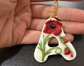 Handmade Resin & Polymer Clay Floral Letter Keychain, Personalized Initial Key Ring, Christmas Charms Gift.