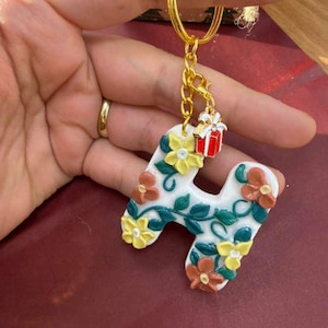 Handmade Resin & Polymer Clay Floral Letter Keychain, Personalized Initial Key Ring, Christmas Charms Gift.