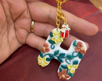 Handmade Resin & Polymer Clay Floral Letter Keychain, Personalized Initial Key Ring, Christmas Charms Gift.