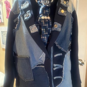 Upcycled Denim Patchwork Blazer  - One-of-a-Kind Distressed Statement Piece