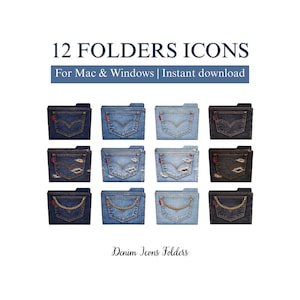 Peut inclure: Douze icônes de dossiers sur le thème du denim pour Mac et Windows, avec différents modèles de poches de jeans bleus. Les dossiers sont disposés en grille, avec le texte "12 Folders Icons" en haut et "Denim Icons Folders" en bas.