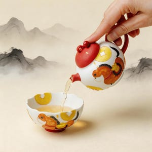 Könnte beinhalten: Eine weiße Keramik-Teekanne mit rotem Deckel und Griff gießt Tee in eine passende Teetasse. Die Teekanne und die Teetasse sind mit einem Pferde- und Münzdesign in Orange und Gelb verziert. Der Hintergrund zeigt eine weiche, verschwommene Landschaft.