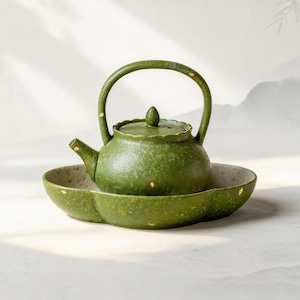 Könnte beinhalten: Eine grüne Keramik-Teekanne mit passender Untertasse. Die Teekanne hat einen abgerundeten Körper, einen gebogenen Griff und einen kleinen Ausguss. Das Set ist in gedämpftem Grün mit goldenen Akzenten gehalten, ideal zum Servieren von Tee.