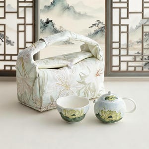 Könnte beinhalten: Ein Teeservice mit floralem Muster. Das Set beinhaltet eine Teekanne, eine Teetasse und eine Teewärmer. Die Teekanne und die Teetasse haben einen hellblauen Hintergrund mit gelben und grünen Blumenmustern. Der Teewärmer ist weiß mit einem floralen Muster.