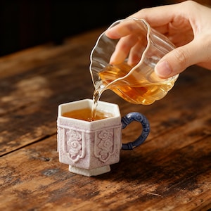 Könnte beinhalten: Eine sechseckige Teetasse mit blauem Griff wird mit Tee aus einer Glaskanne gefüllt. Die Teetasse ist hellviolett mit geprägten Blumendesigns. Der Tee ist bernsteinfarben, und der Hintergrund ist ein Holztisch.