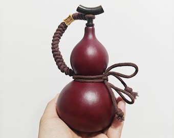 Lacquered Natural Gourd Flask, Calabash Bottle for Wine & Tea, Collectible Art Gift, Zen Home Decor