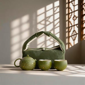 May include: A green tea set with a matching tote bag. The set includes a teapot and two cups, all in a speckled green finish. The tote bag is a similar green with a white interior and a decorative pattern.