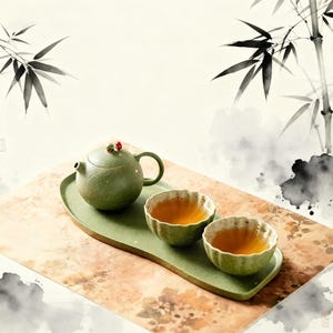 Può includere: Un servizio da tè in ceramica verde con una teiera e due tazze, tutte piene di tè. Il set è posizionato su un vassoio verde, con una superficie a motivi floreali sottostante. Lo sfondo presenta un dipinto ad acquerello a tema bambù.