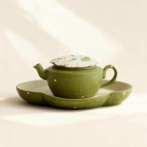 Tetera de cerámica de mandarina verde de estilo chino con detalles dorados y bandeja de té. Juego de té tradicional Gongfu pintado a mano, regalo para mujer.
