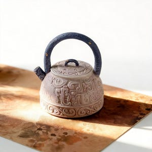 May include: A ceramic teapot with a dark blue handle and spout. The teapot is light brown with intricate embossed patterns. The handle has a textured appearance, and the lid features a small, matching handle. The teapot sits on a patterned surface.