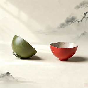 Könnte beinhalten: Zwei Keramikschalen. Eine ist olivgrün mit einem gewellten Rand und ein paar goldenen Punkten. Die andere ist rot mit einem gewellten Rand und einem gesprenkelten Innenraum. Die Schalen befinden sich auf einem hellen Hintergrund mit einer gemalten Landschaft.