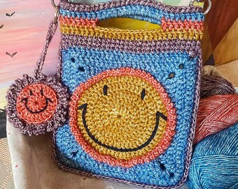 Handmade Crochet Smiley Face Crossbody Bag | Granny Square Shoulder Bag