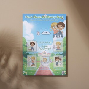 May include: A colorful poster with the text "I'm a Clean Kid Every Day!" and illustrations of children performing hygiene habits. The poster promotes a clean and healthy lifestyle with images of kids washing hands, brushing teeth, and bathing.