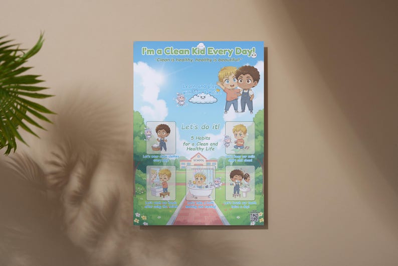 May include: A colorful poster with the text "I'm a Clean Kid Every Day!" and illustrations of children performing hygiene habits. The poster promotes a clean and healthy lifestyle with images of kids washing hands, brushing teeth, and bathing.