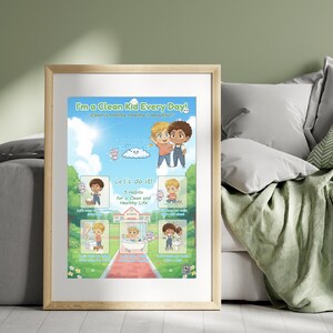 May include: A framed poster with the text "I'm a Clean Kid Every Day!" and illustrations of children. The poster promotes healthy habits with colorful graphics and text, ideal for a child's room or classroom.