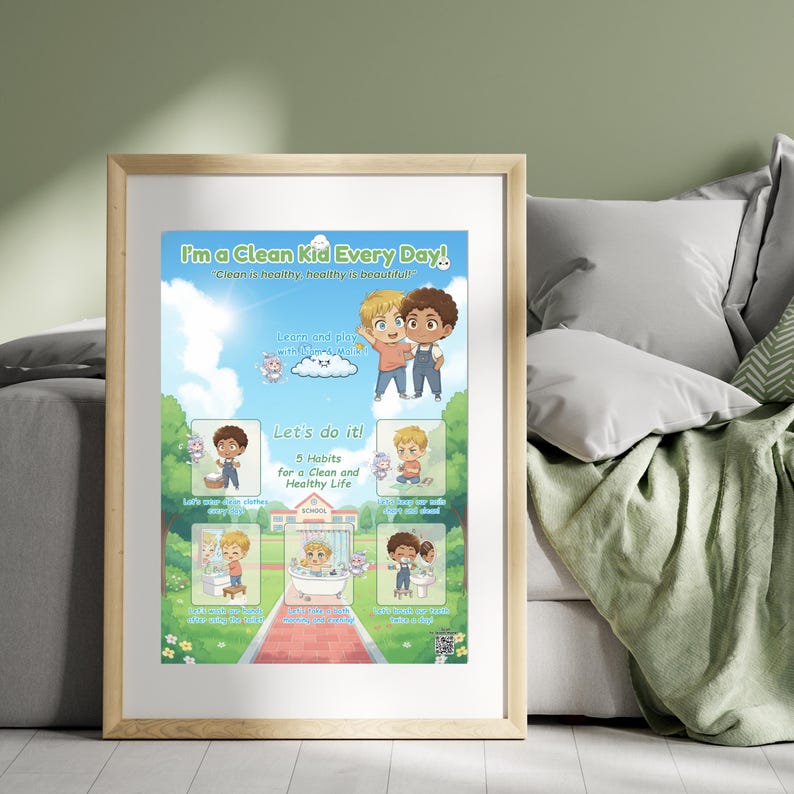 May include: A framed poster with the text "I'm a Clean Kid Every Day!" and illustrations of children. The poster promotes healthy habits with colorful graphics and text, ideal for a child's room or classroom.