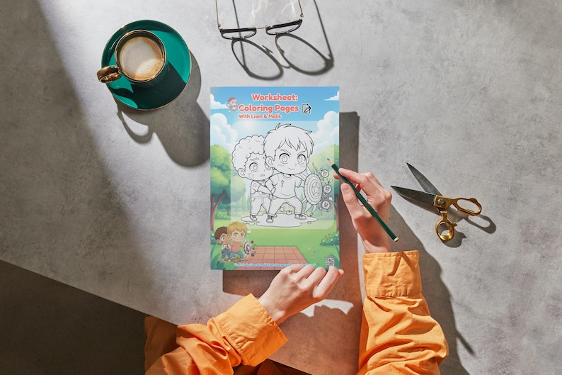 May include: A coloring book titled "Worksheet Coloring Pages With Lions & More" is open on a table. A hand holds a green pencil, ready to color the illustration of two cartoon characters. A cup of coffee and scissors are also on the table.