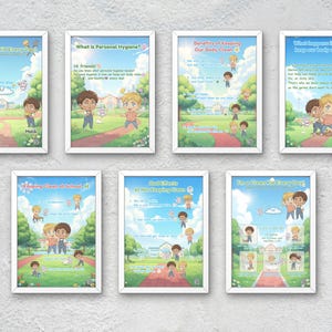 May include: A set of seven framed educational posters with illustrations and text about personal hygiene. The posters feature cartoon children in a park setting, with titles like "I'm a Clean Kid Every Day" and "What is Personal Hygiene?"