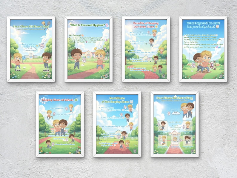 May include: A set of seven framed educational posters with illustrations and text about personal hygiene. The posters feature cartoon children in a park setting, with titles like "I'm a Clean Kid Every Day" and "What is Personal Hygiene?"