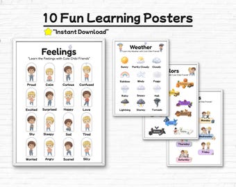 Educational Posters for Kids, Preschool Learning Charts Printable, Toddler Homeschool Decor, Feelings Colors Weather Set, Cute Wall Art