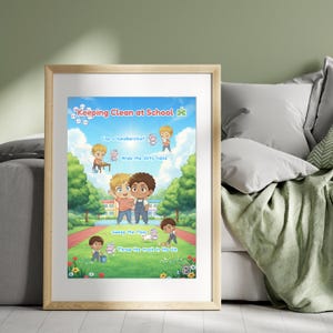 May include: A framed poster titled "Keeping Clean at School" with illustrations of children performing hygiene tasks. The poster includes text such as "Use a handkerchief" and "Throw the trash in the bin". The artwork features a colorful outdoor scene.