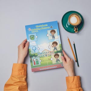 May include: A worksheet titled "Matching Pictures" with illustrations of objects and children. The worksheet is held by hands wearing an orange shirt. A cup of coffee and pencils are on the gray surface.
