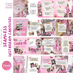 May include: A pink and white Canva template for a seamless Instagram carousel. The design includes text such as "Digital Product," "The Truth About Passive Income," and "The Habits." The layout features a woman in a pink robe, with various images and text boxes.