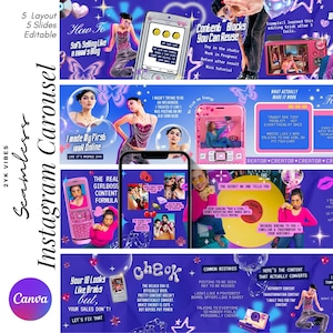 May include: A seamless Instagram carousel template with a vibrant color scheme of blue, pink, and purple. The design features text and graphics, including a phone, a retro-style phone, and a record. The theme is focused on social media content creation.